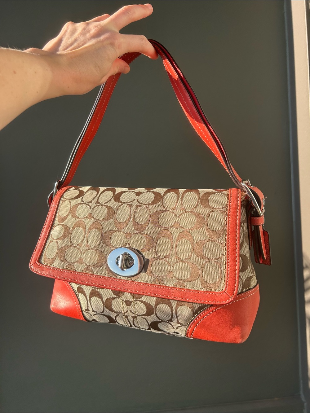 Vintage Coach Signature Canvas Shoulder Bag in Tan and Orange